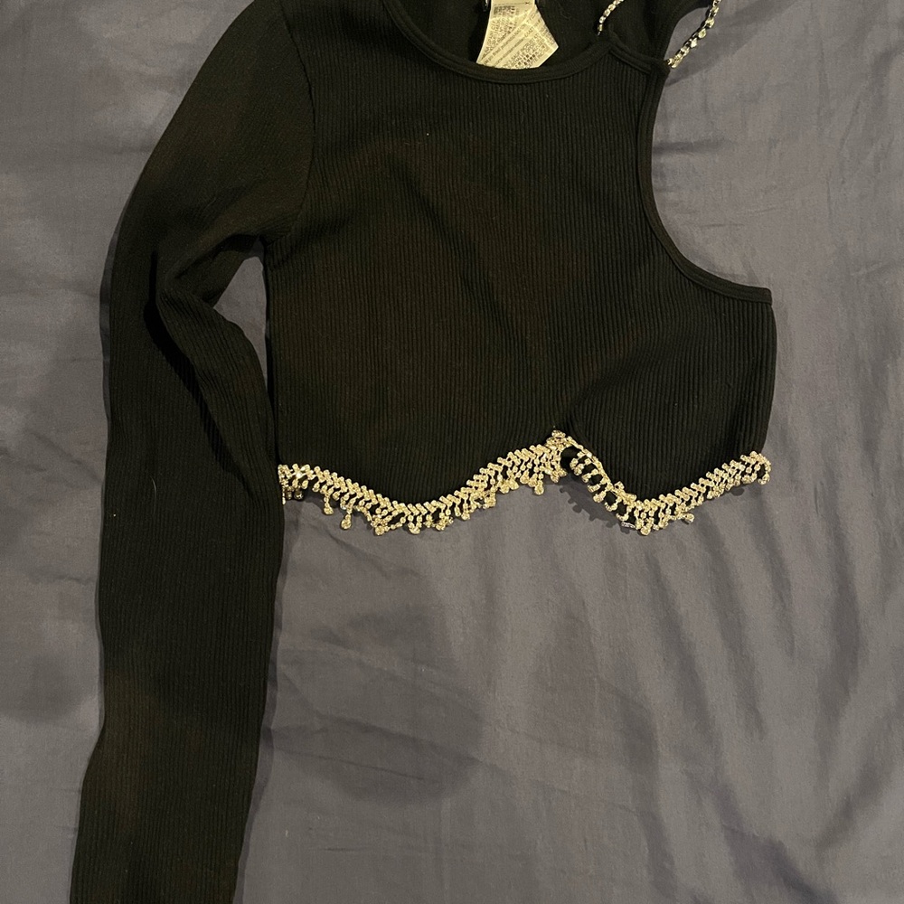 Zara Black Asymmetrical Bodysuit with Beaded Hem